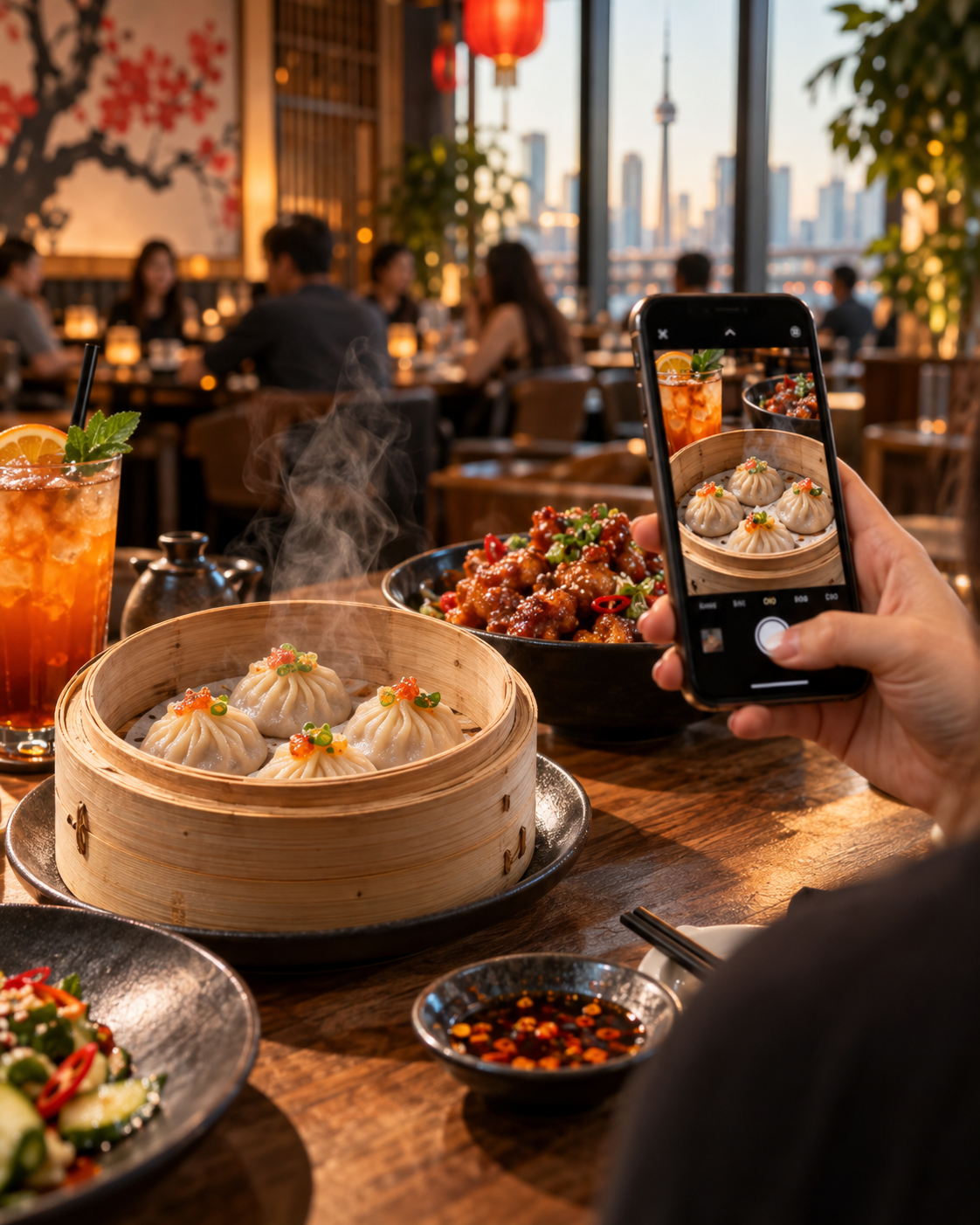 Restaurant food being photographed with a smartphone